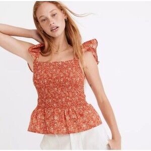 Madewell Lucie Smocked‎ Peplum Top Womens 14 Red Cottagecore Ruffle Sleeve